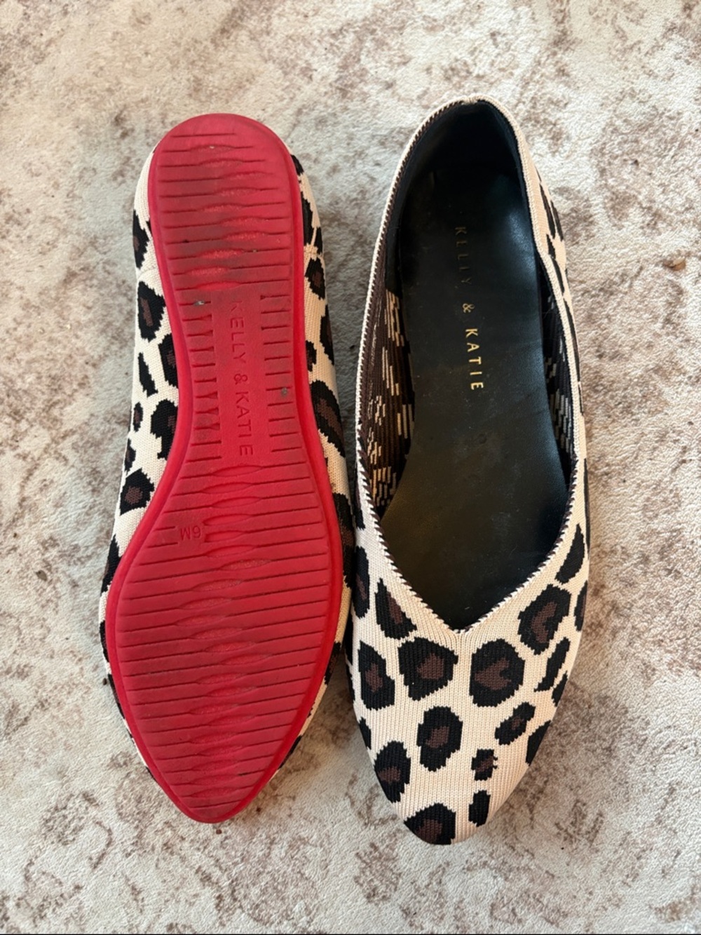 Kelly & Katie Leopard-Print Pointed Flats in Black, Cream & Red Sole